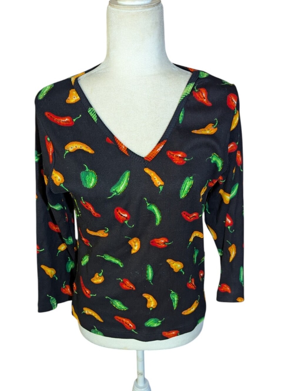 Vtg 90s Black V-Neck Women's Top Colorful Chili Pepper Print Cotton Top XL
